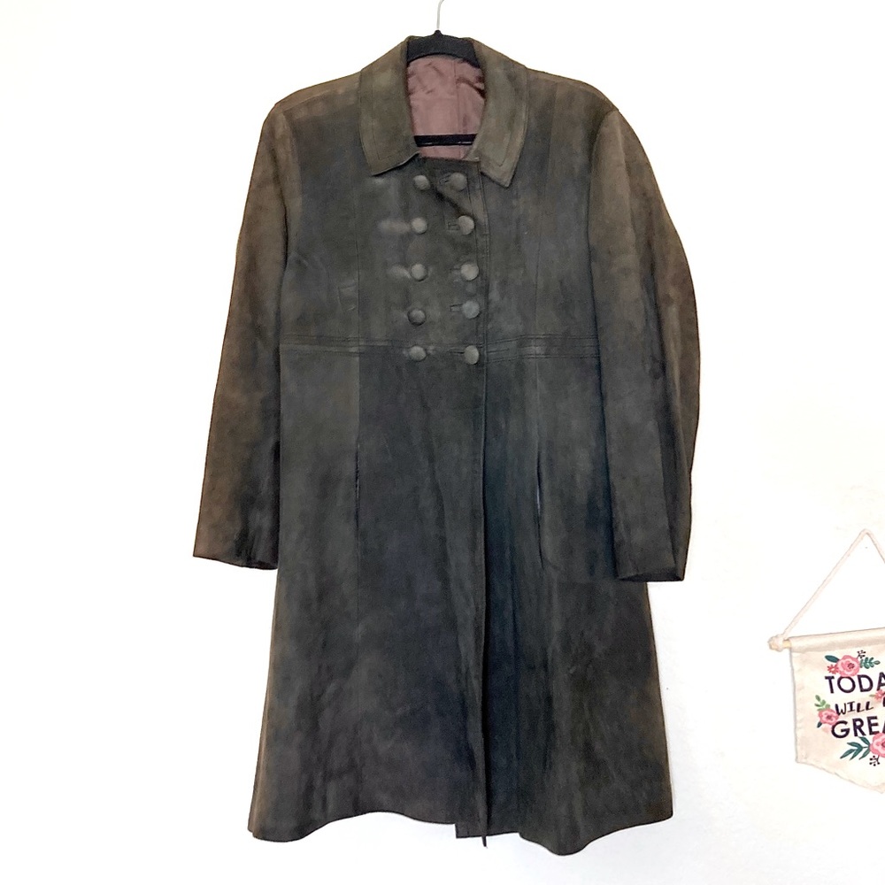Vintage Coat Suede Leather Button Down Retro olive green size medium RARE